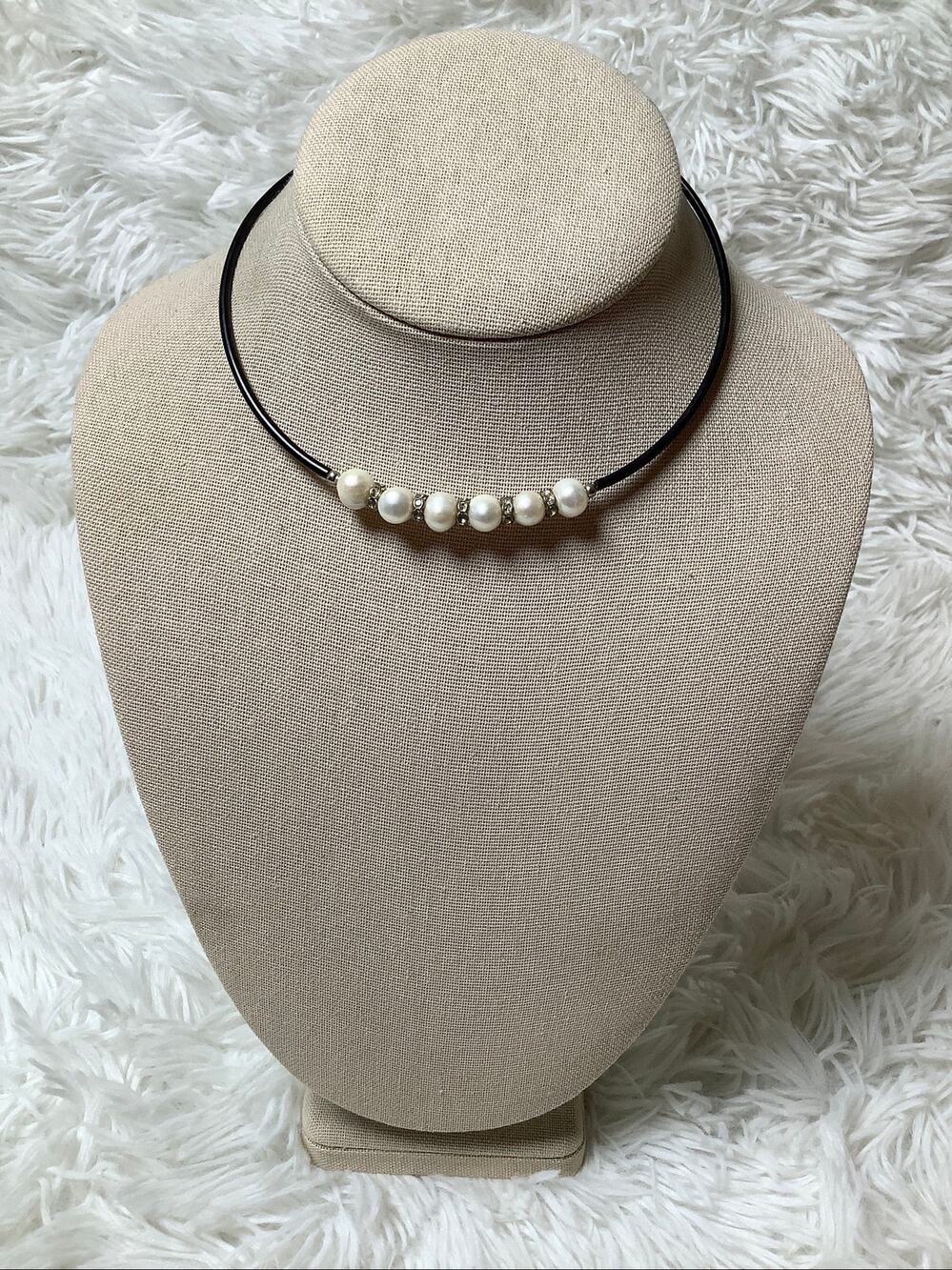 Black Cord White Pearl w/ Silver Clear Gem Spacer Beaded Choker Necklace C32-6